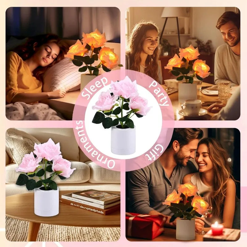 Pink Rose Flower Cordless Touch Lamp LED Artificial Flowers Gifts for Her Wife Girlfriend Small Table Lamp Night Light