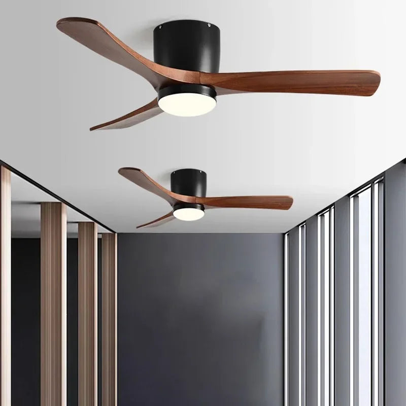 Nordic Style Solid Wood Fan Leaf Ceiling Light, Remote Control, Household Bedroom, Living Room Light, Low Floor Electric Fan