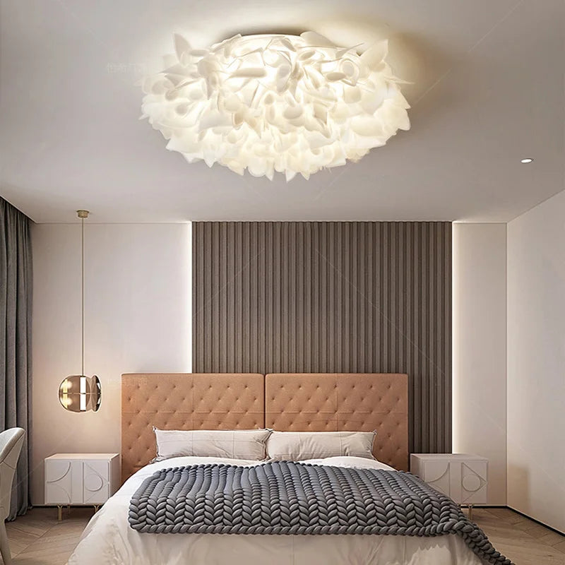 Romantic White Flower LED Ceiling Lamp Bedroom Restaurant Parlor Lighting Remote Control Dimmable Home Decors PVC Dropshipping