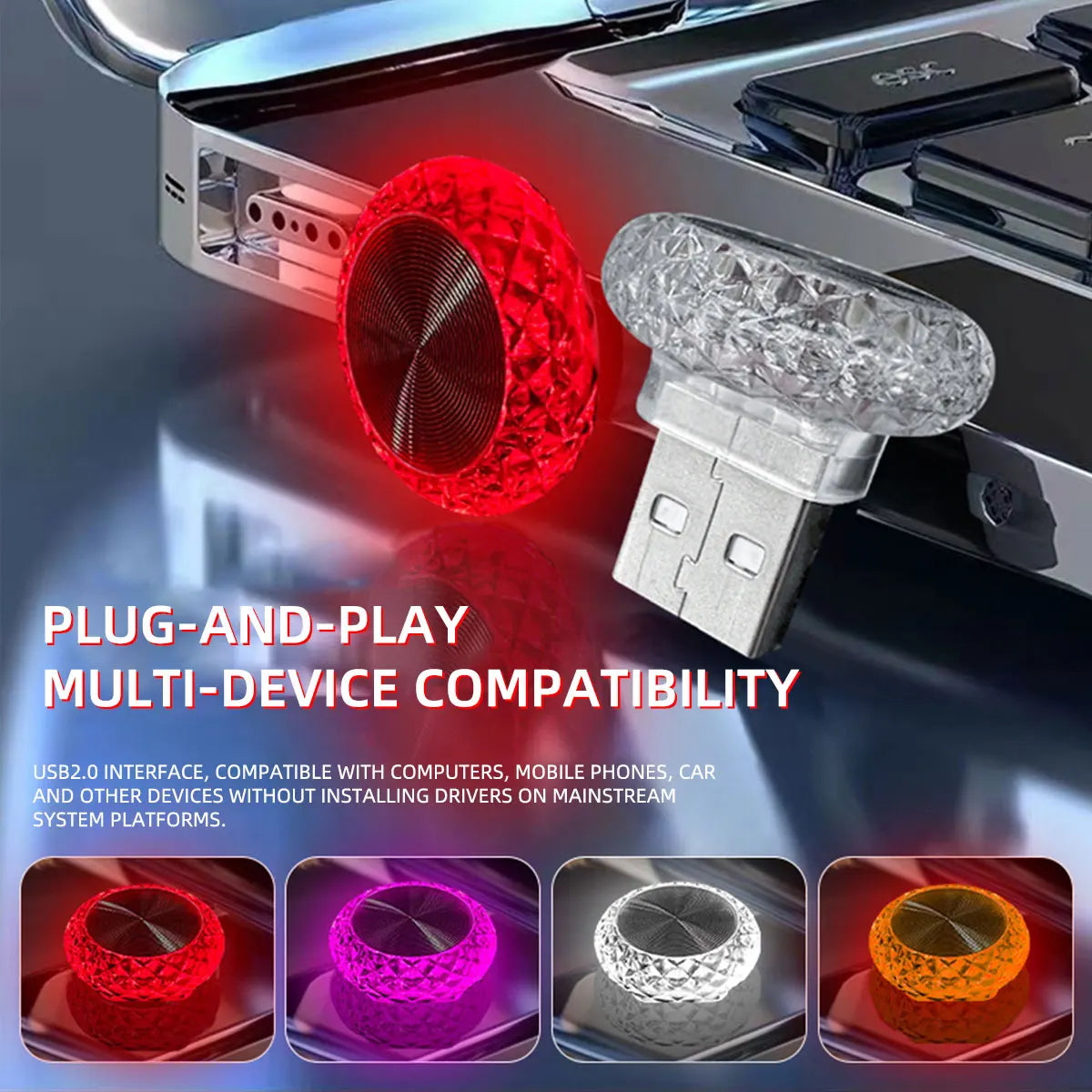 Mini RGB USB Ambient Light (1 Pack) - Plug & Play Decorative LED Interior Atmosphere Lamp for Car, Computer & Laptop