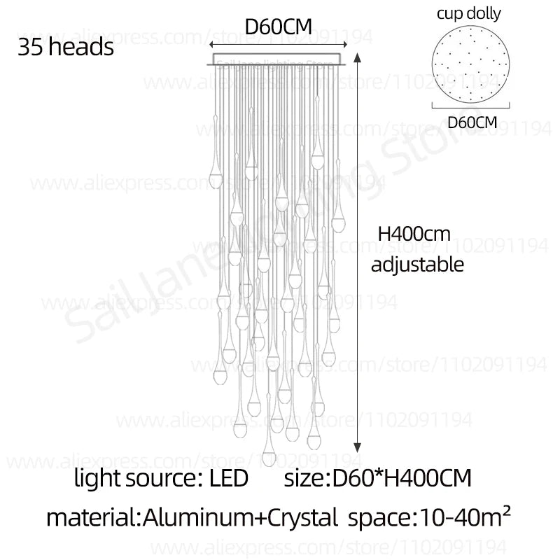 Nordic Minimalist Crystal Raindrop Pendant Light LED Staircase Chandelier For High Ceiling Villa Duplex Home Decor Living Room