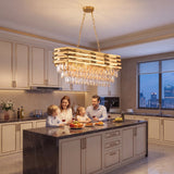 Modern Luxury Gold Crystal Chandelier K9, 8-Light Adjustable Chain Rectangular Ceiling Light Fixture for Dining Room/Living Room