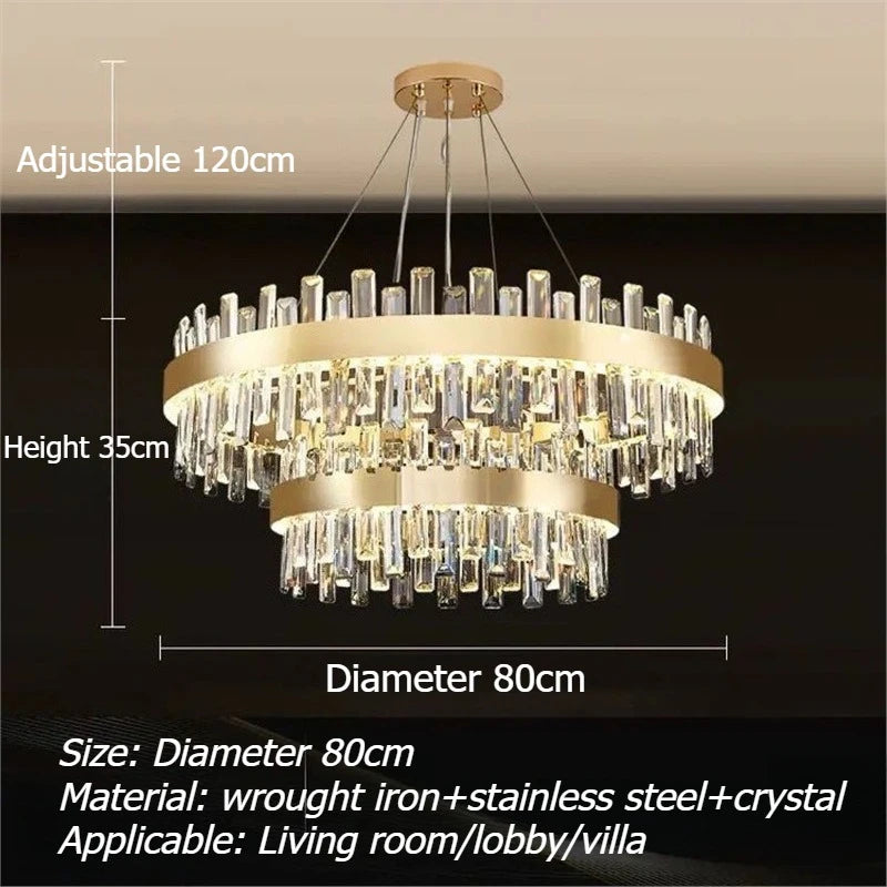 Luxury Double-Layer Round Crystal Chandelier (Golden Finish) - Modern Tiered Ceiling Pendant Light Fixture for Living Room, Bedroom & Dining Room
