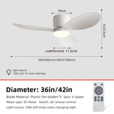 36/42 Inch Modern Ceiling Fan w/Light, 6-Speed DC Motor, Remote, Ultra Quiet, 3-Color Dimmable 18W for Bedroom/Living Room