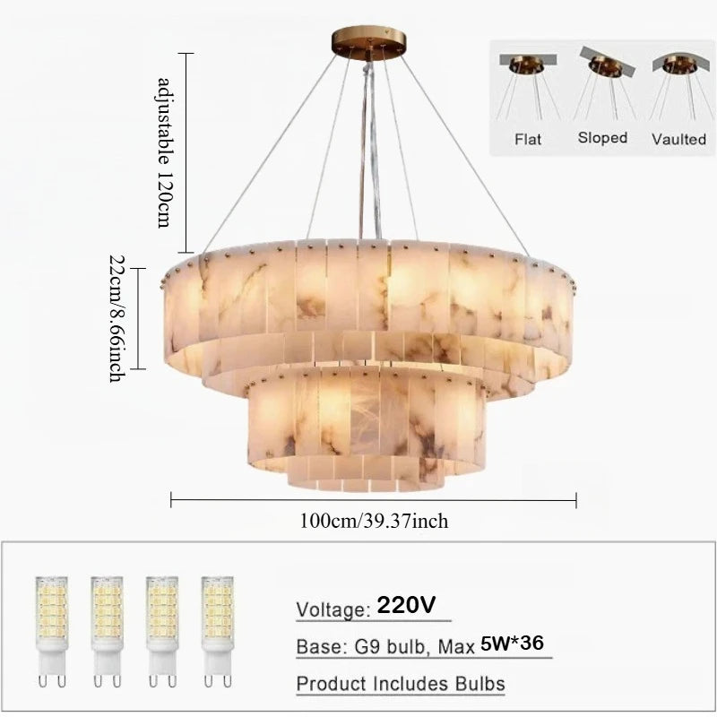 Modern Natural Marble Dimmable Pendant Light - Round Alabaster Ceiling Chandelier Fixture for Living Room & Dining Room