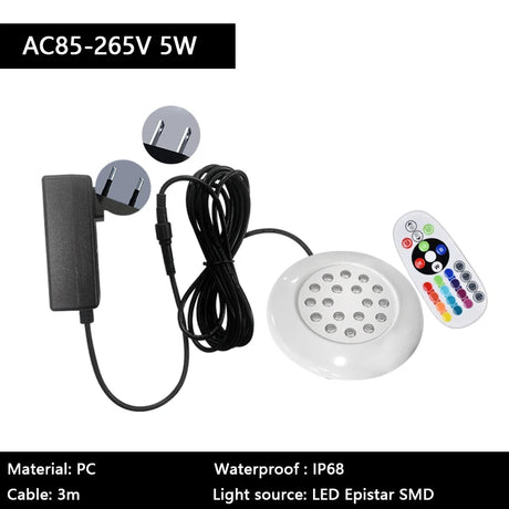 Pool Light with EU/US Plug IP68 Waterproof Small Size White Round 95mm 3/6/10W Underwater RGB Multicolor Swimming Bath Spa Lamp