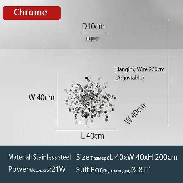 Nordic LED Chandelier Stainless Steel Chrome Leaf Personality Art Decors Living Dining Room Bar Table Hanging Lighting