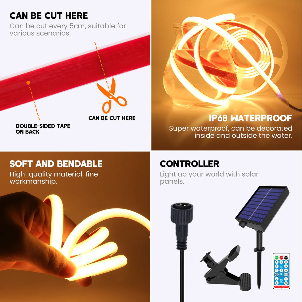 IP68 Waterproof COB LED Strip 12V Solar LED Light High Density 320LEDs/m Flexible COB LED Tape Solar Light For Outdoor Garden