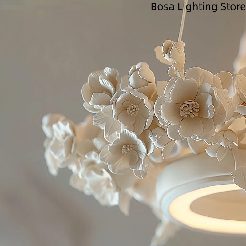 French Round Floral Pendant Lamp Cream Style Resin Hanging Light Parlor Bedroom Office LED Dining Room Double Layer Chandelier