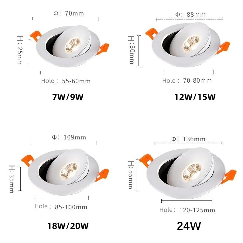 360° Rotating LED Recessed Downlight - 15W/20W/25W Dimmable COB Spotlight