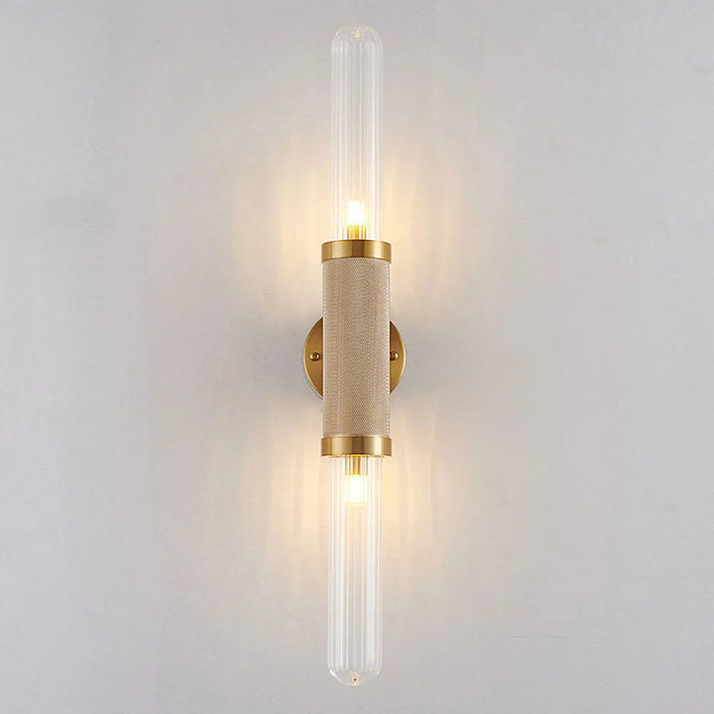 Modern Gold Wall Sconce 2-Light Ribbed Glass Wall Lamp for Bedroom Living Room
