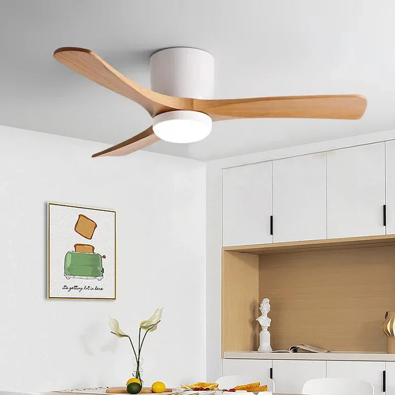 Nordic Style Solid Wood Fan Leaf Ceiling Light, Remote Control, Household Bedroom, Living Room Light, Low Floor Electric Fan