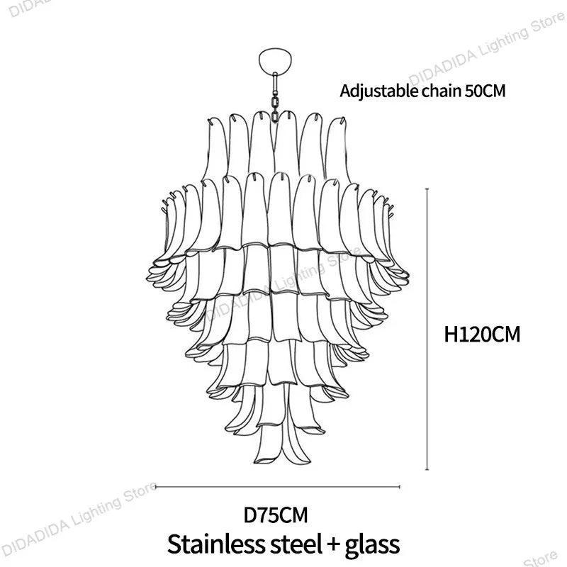Modern Silver Branch Chandelier, Murano Horseshoe Glass Shade Lustre, Dimmable Pendant Lamp for Dining Room, Decor for Ceilings