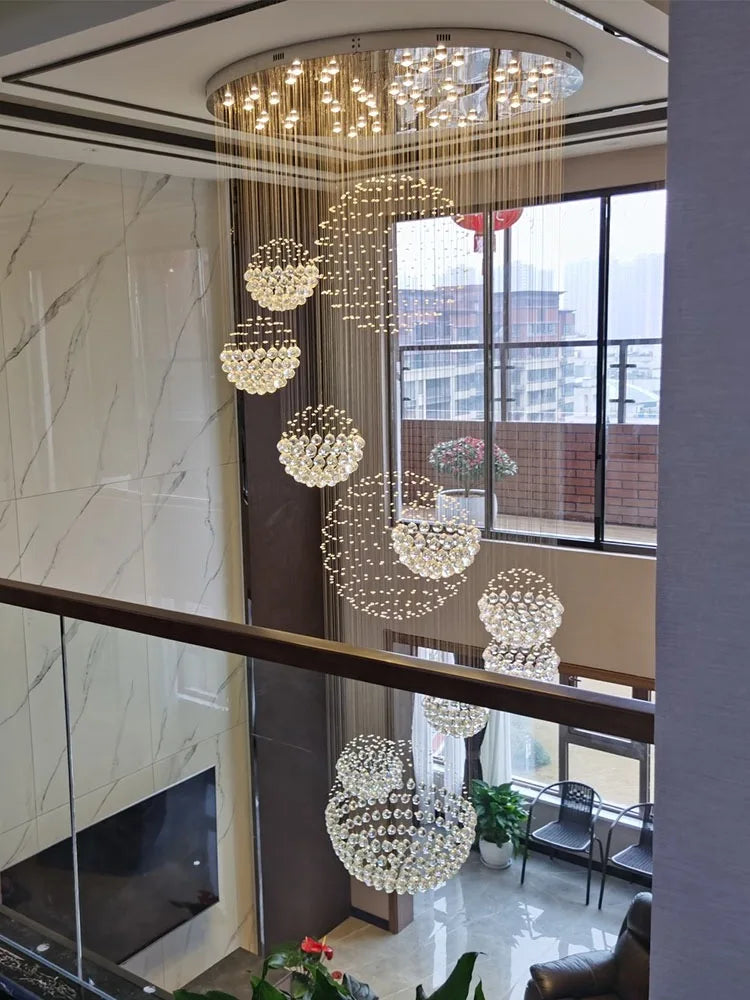 Modern LED Crystal Ball Chandeliers For Staircase Living Room Spiral Pendant Hanging Light Hall Villa Lobby Lamp Lustre Fixtures