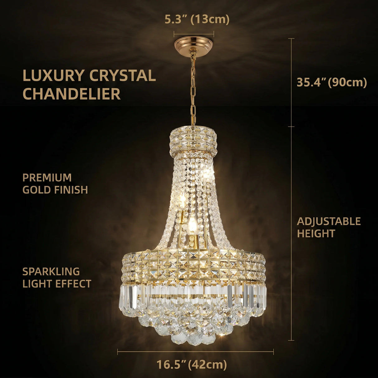 Modern Gold Crystal Chandelier, Empire Style Dimmable K9 Crystal Pendant Light Adjustable Chain Hanging Lamp for High Ceiling Living Room Bedroom Dining Room Kitchen Island Hallway Staircase