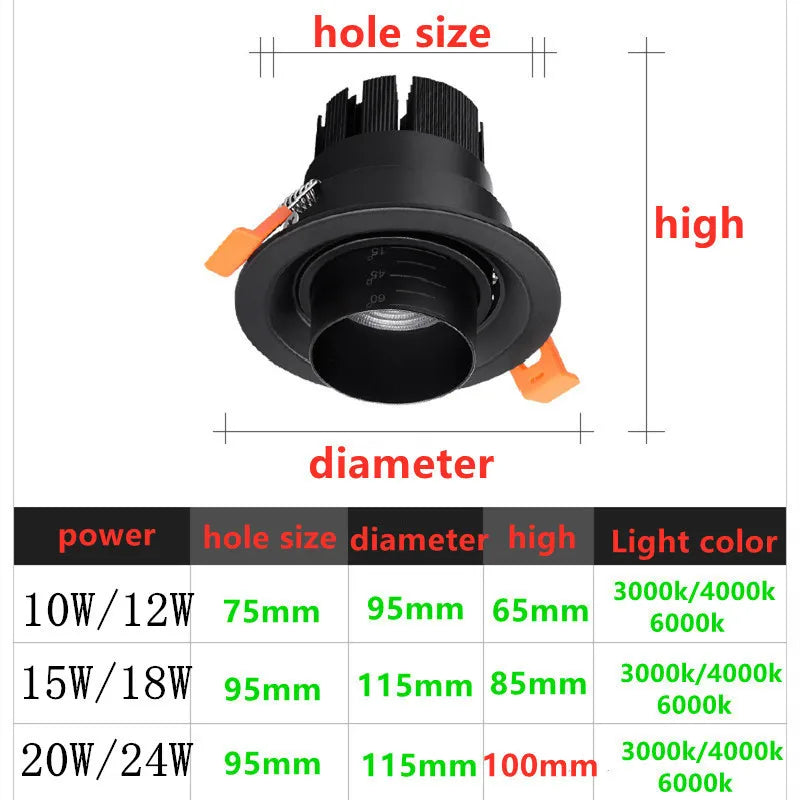 Style Zoom Beam Angle Adjustable 15-60 Degree Recessed Dimmable LED Downlight 10W 12W 15W 18W 20W 24W COB Ceiling Spot Light