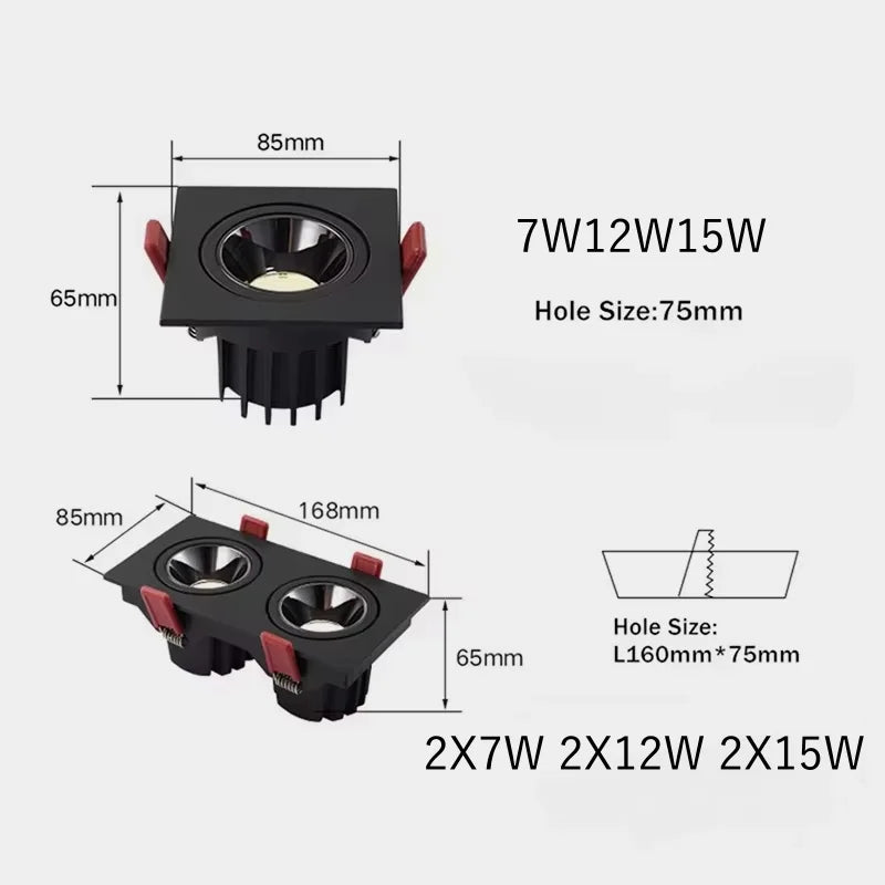 LED Ceilling Spotlight Dimmable Recessed Lighting Fixtures Adjustable Angle 7W12W15W CREE COB Chip Spotlight