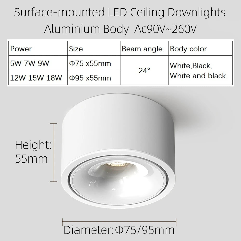 Surface-Mounted LED Ceiling Light Dimmable Spotlight Downlight Adjustable Brightness Modern Design for Home Commercial Lighting