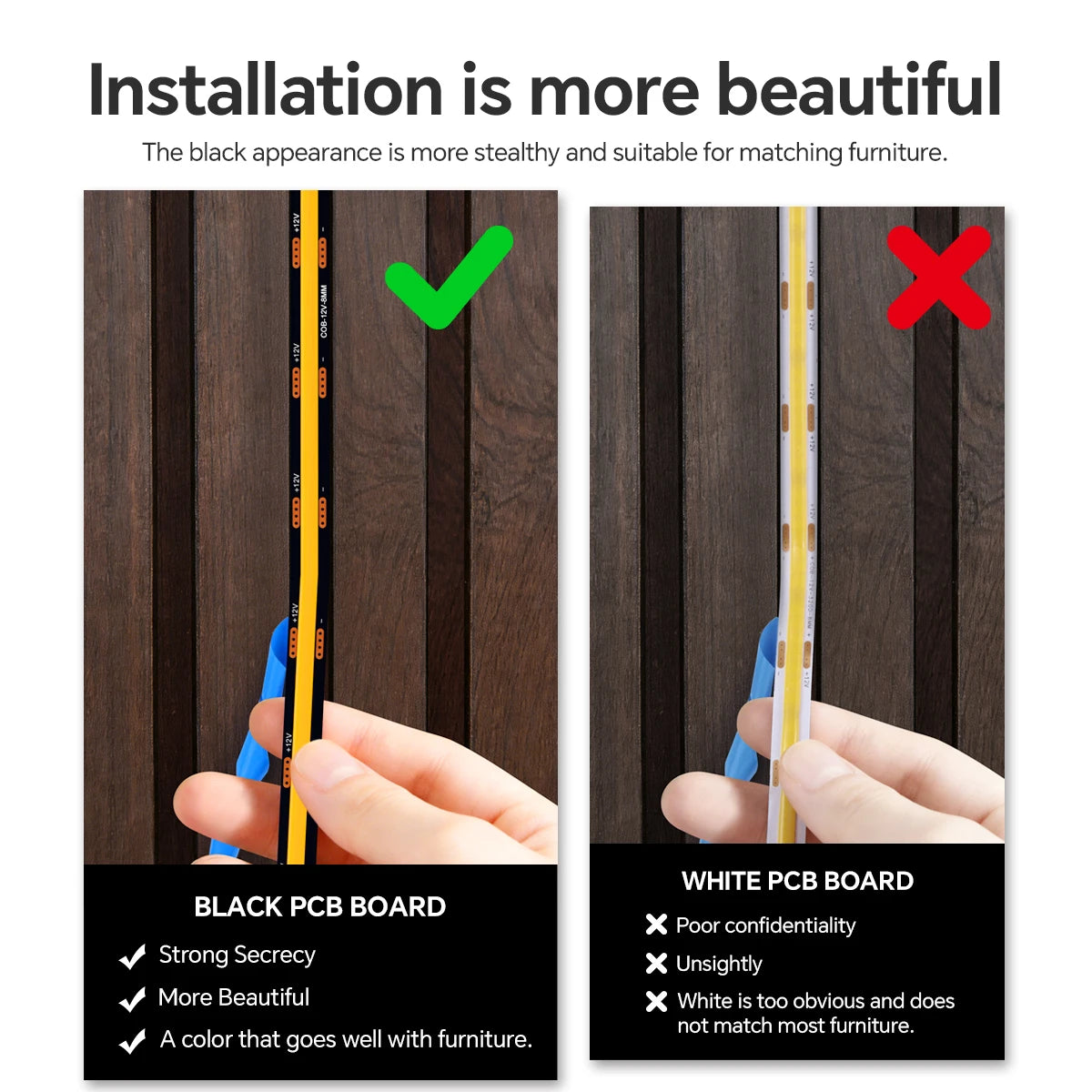 Black PCB COB LED Strip for Wooden Slats - Touch Dimmable Accent Light