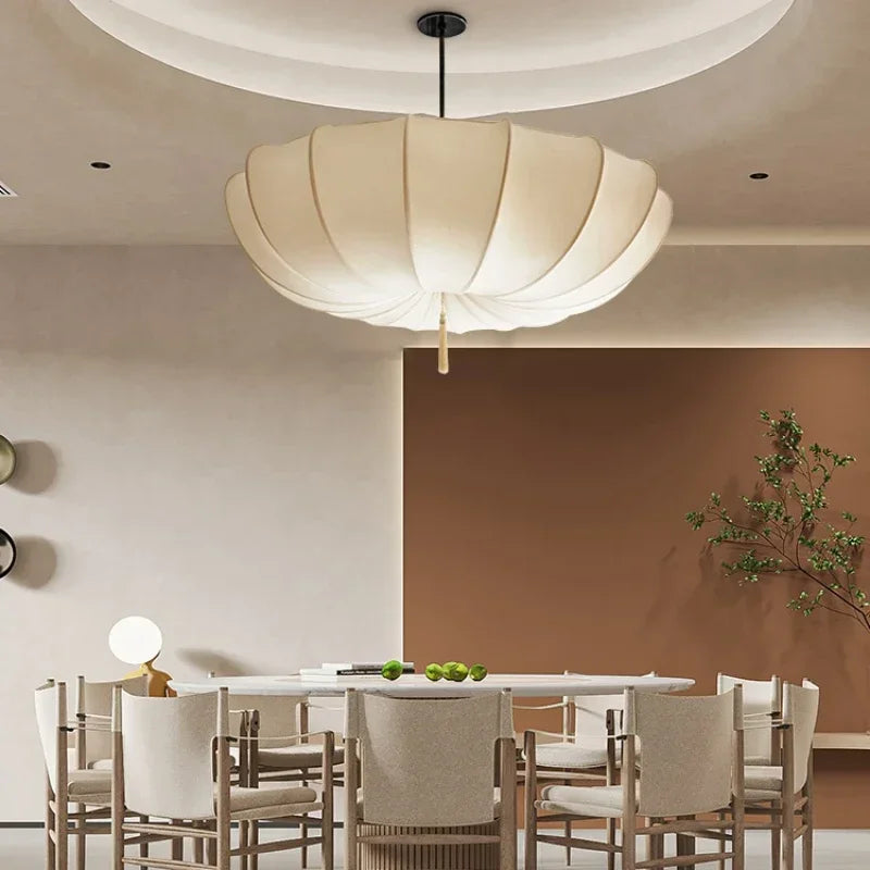 Nordic Japanese Wabi-Sabi Paper Umbrella Fabric Chandelier - French Retro Ceiling Pendant Light Fixture for Bedroom, Living Room & Home Decor