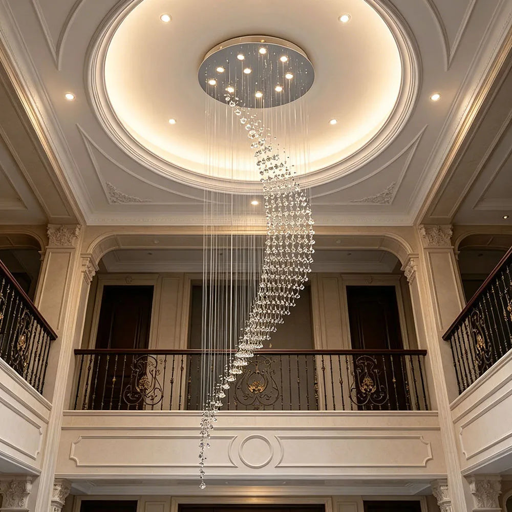 Modern Spiral Long Crystal Chandelier High Ceiling Stairwell Pendant Light Duplex Villa Indoor Decor Lighting