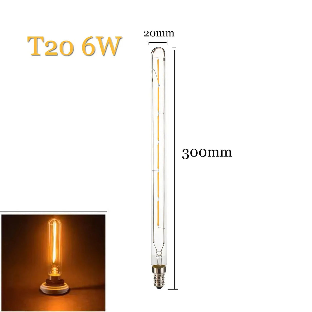 T20 E14 LED Filament Tube Bulb - Vintage Warm White Edison Light (3W-6W)