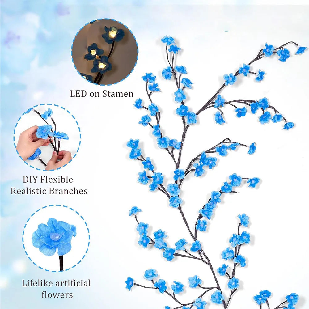 LED Blue Cherry Willow Vine Lights - Cherry Blossom Branch Lights with Timer