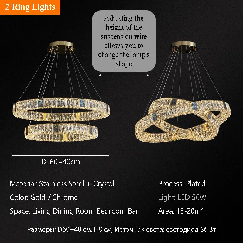 Nordic Luxury Ring K9 Crystal Chandelier Villa Living Dining Room Bedroom Ceiling LED Pendant Light Indoor Lighting Hanging Lamp