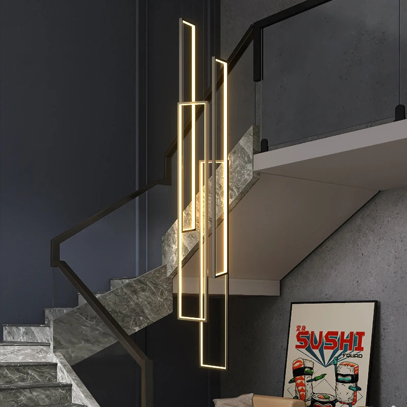 Large Modern Chandelier For Staircase  Led Home Decors Hanging Lamp Black /Gold Indoor Lighting Luxury Creative Rectangle Lustre