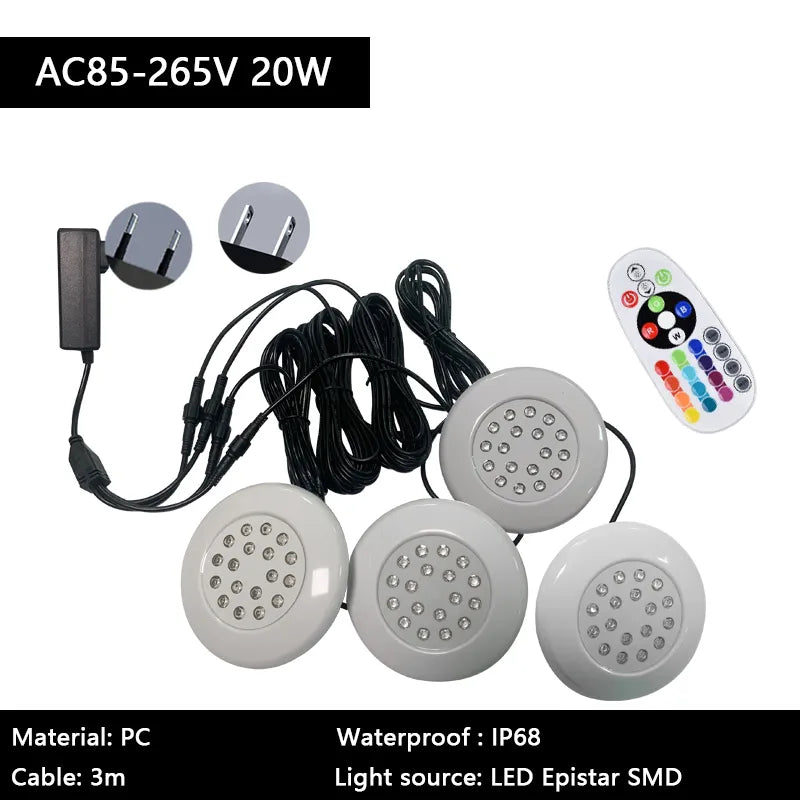 Pool Light with EU/US Plug IP68 Waterproof Small Size White Round 95mm 3/6/10W Underwater RGB Multicolor Swimming Bath Spa Lamp