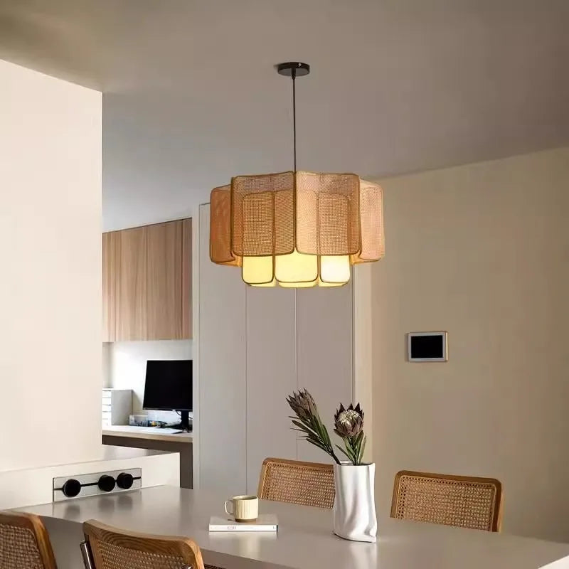 Wabi-sabi Style Rattan Pendent Lamp Vintage Zen Lighting Fixture for Dining Room Parlor Bedroom Guesthouse Bar Counter Luminaire