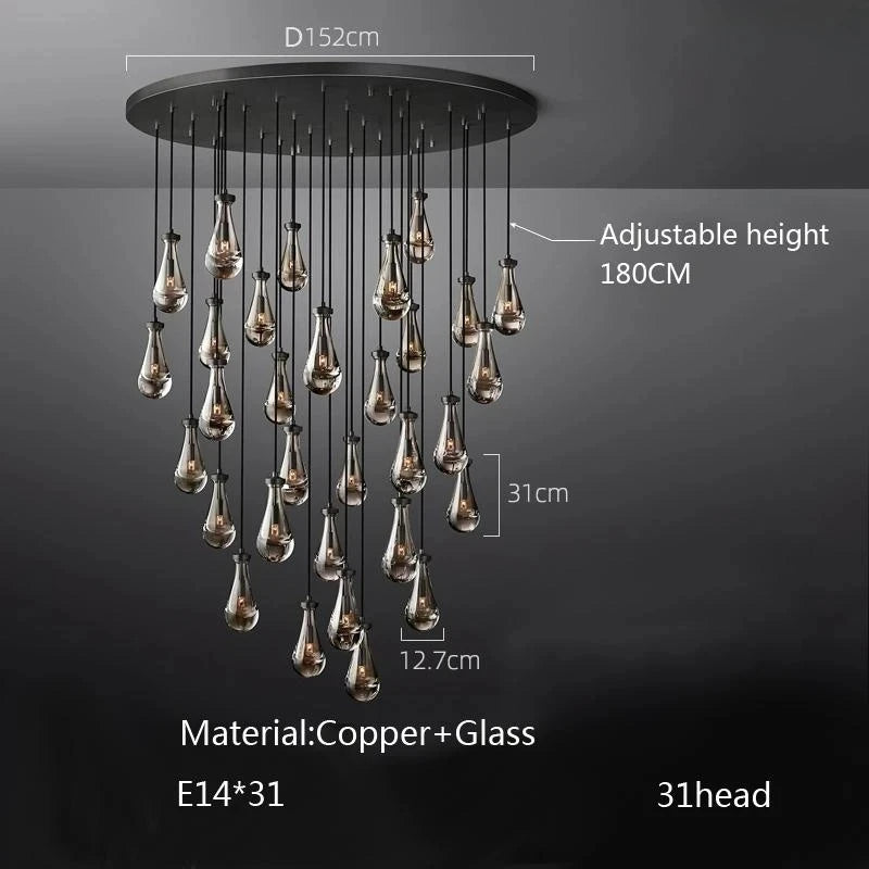 New Copper LED Pendant Light, Modern Lobby Waterdrop Glass Light, Home Decoration, Hotel Villa Glossy Staircase Ceiling  Lamps