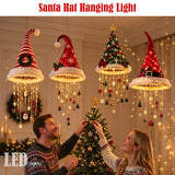 LED Santa Hat Hanging Light Christmas Pendant Lamp with Tassel Bell Star Ornaments Xmas Holiday Party Home Wall Ceiling Decor