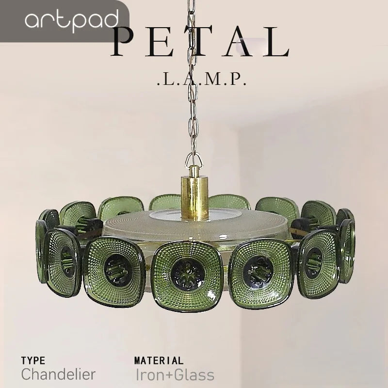 Vintage Glass Petal Chandelier for Living Room Dining Room French Green Cear Glass Hanging Pendant Chandelier Lights Bedroom