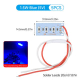 5-Pack 1.5W 5V 5730 SMD LED Color Lamp Boards with Wires - High-Brightness Light Source Modules (Red, Yellow, Green, Blue, Warm White)