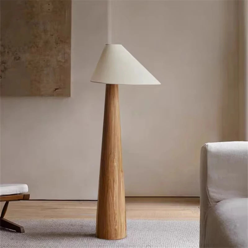 Conical Oak Solid Wood Floor Lamp - Retro Wabi-Sabi Standing Light & Desk Lamp Fixture for Living Room, Bedroom & Study