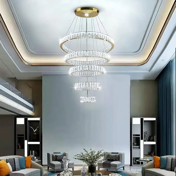 LED Crystal Chandeliers, Modern 5 Rings Pendant Light Titanium Gold Stainless Steel Height Adjustable Ceiling Light for Be