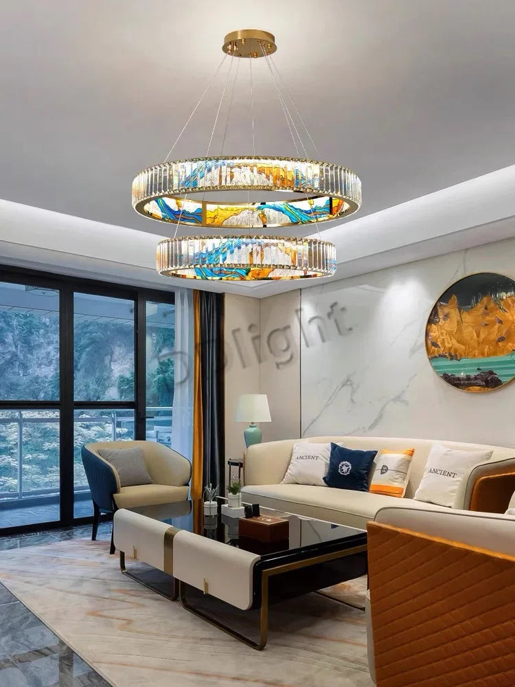 2025 Modern New Enamel Color Chandiler Lustre Crystal Glass Ceiling Light Luxury LED Ring Villa Decor Bedroom Living Dining Room