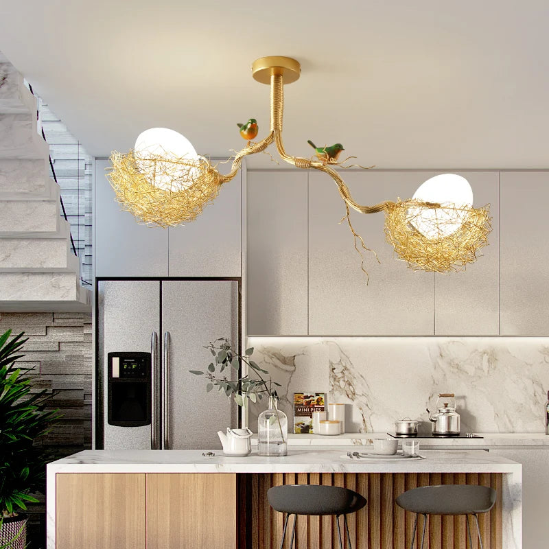 Modern Led Living Dining Room Kitchen Chandeliers Gold Bird Nest Egg Glass Ball Pendant Light Bedroom Loft Ceiling Hanging Lamp
