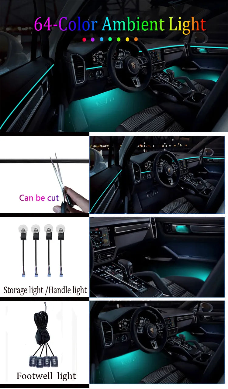 18 In 1 ha condotto le luci ambientali auto interno LED acrilico striscia  luce RGB 64 colore luce guida fibra ottica decorazione atmosfera lampada -  AliExpress
