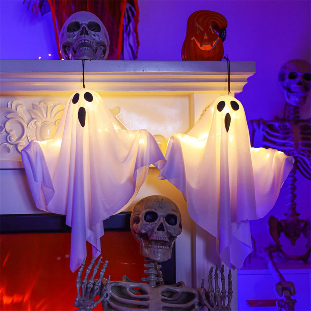 Halloween Glowing White LED Hanging Ghost - Horror Prop with Fairy Lights