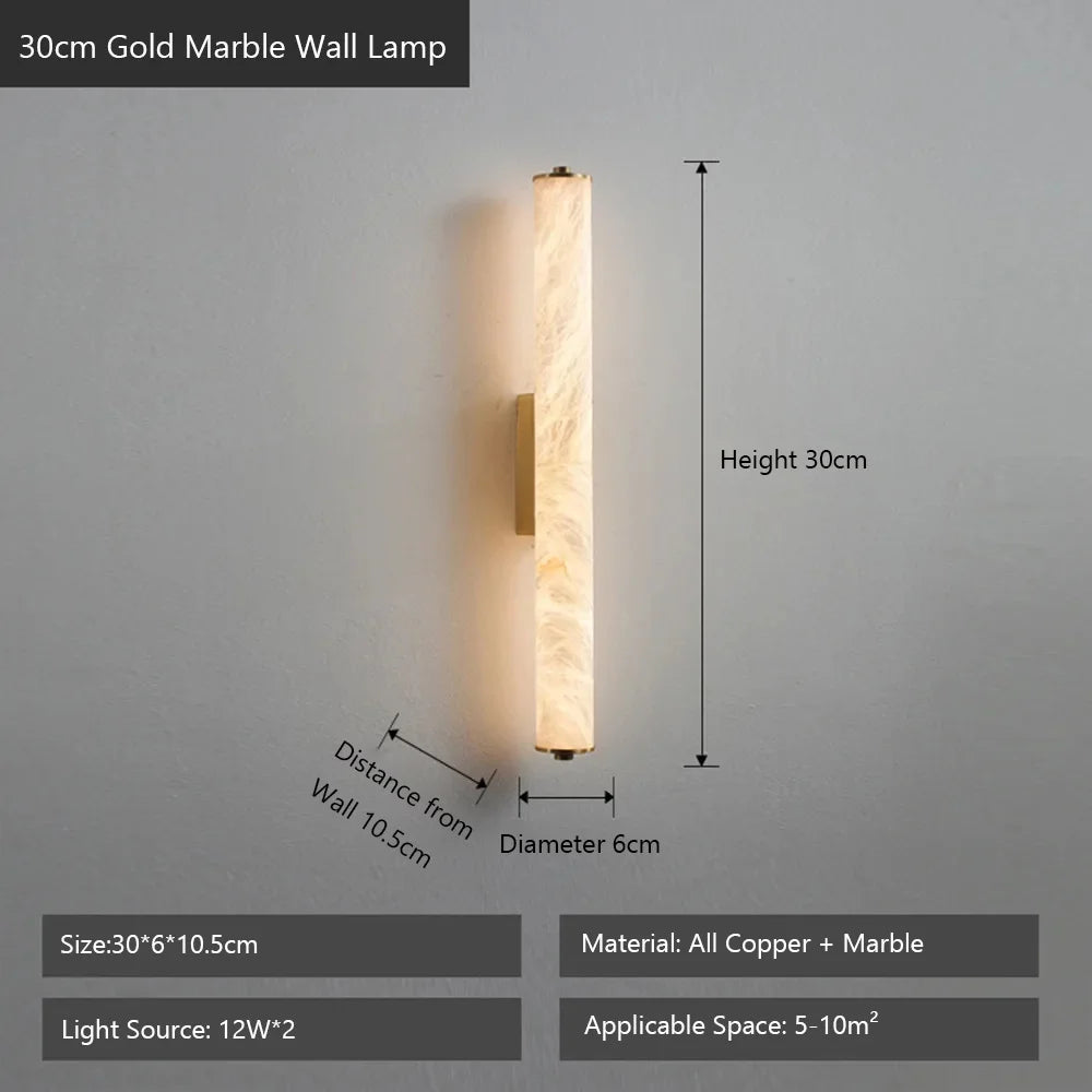 Spanish Natural Marble Wall Sconce Lamp - Cylindrical Up & Down LED Wall Light Fixture for Bathroom, Bedroom, Stairs & Parlor Decor