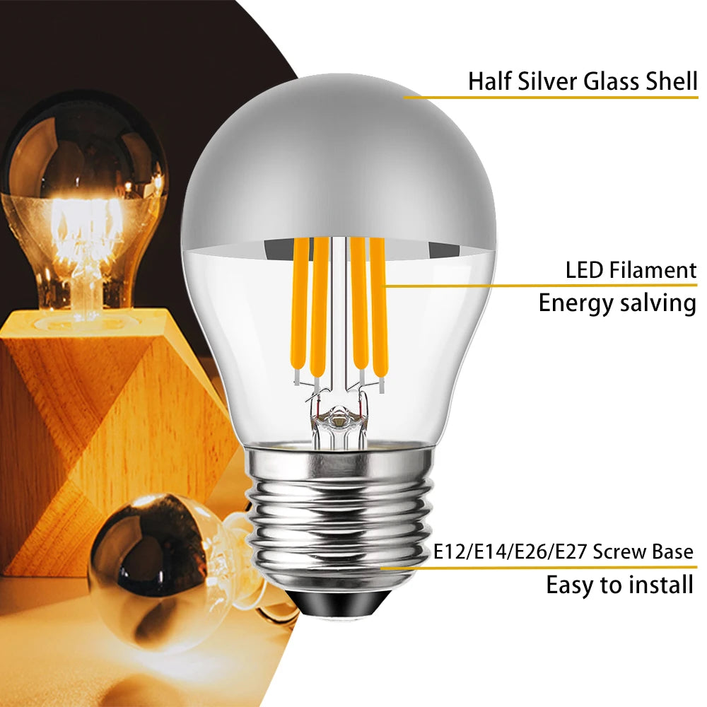 G45 Edison LED Globe Night Bulb - 4W Dimmable E12 E14 E26 E27 Silver Top Mirror Light