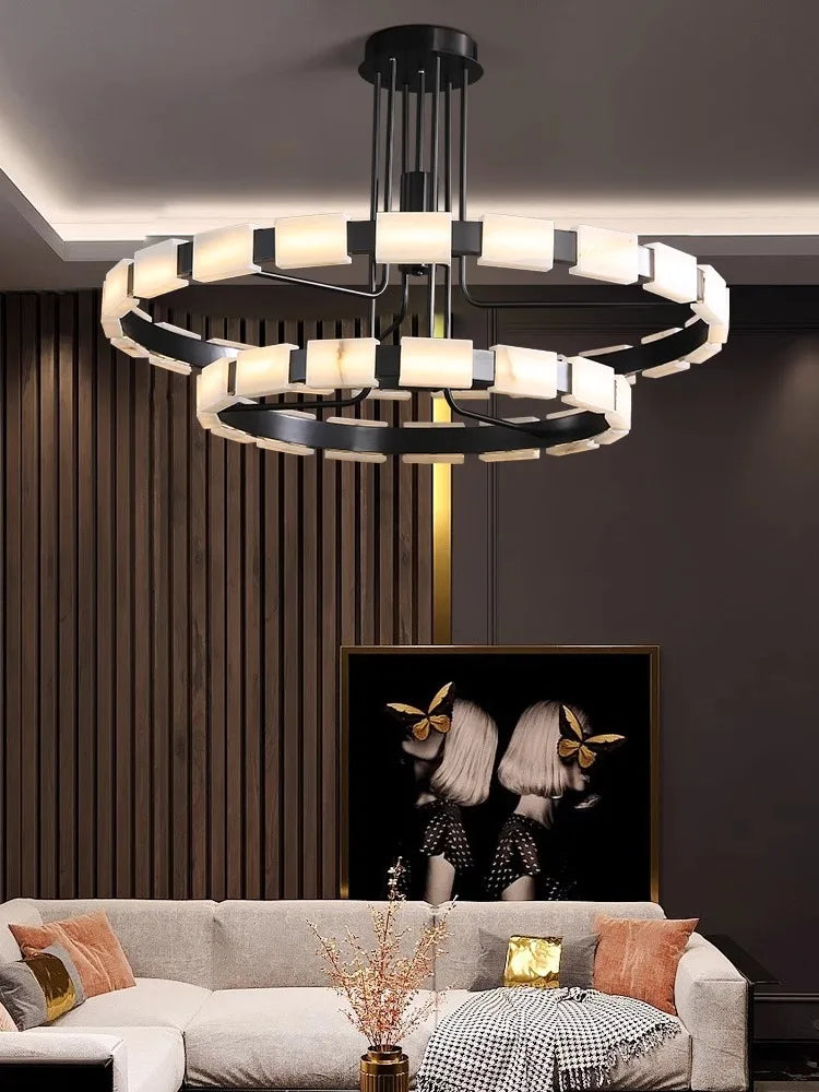 Modern Large Real Natural Marble Chandelier Black Led Home Decoration Villa Ceiling Marble Hanging Lamps Big 2024 Luster&#39;s
