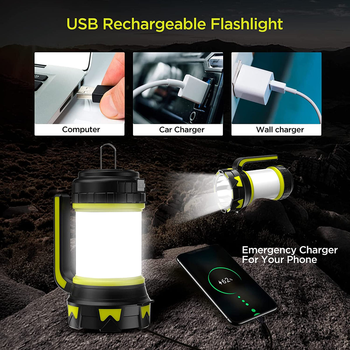 Camping Lantern Flashlight Rechargeable LED Bright Flashlight 3000mAh Power Bank Waterproof Emergency Flashlight Lantern USB