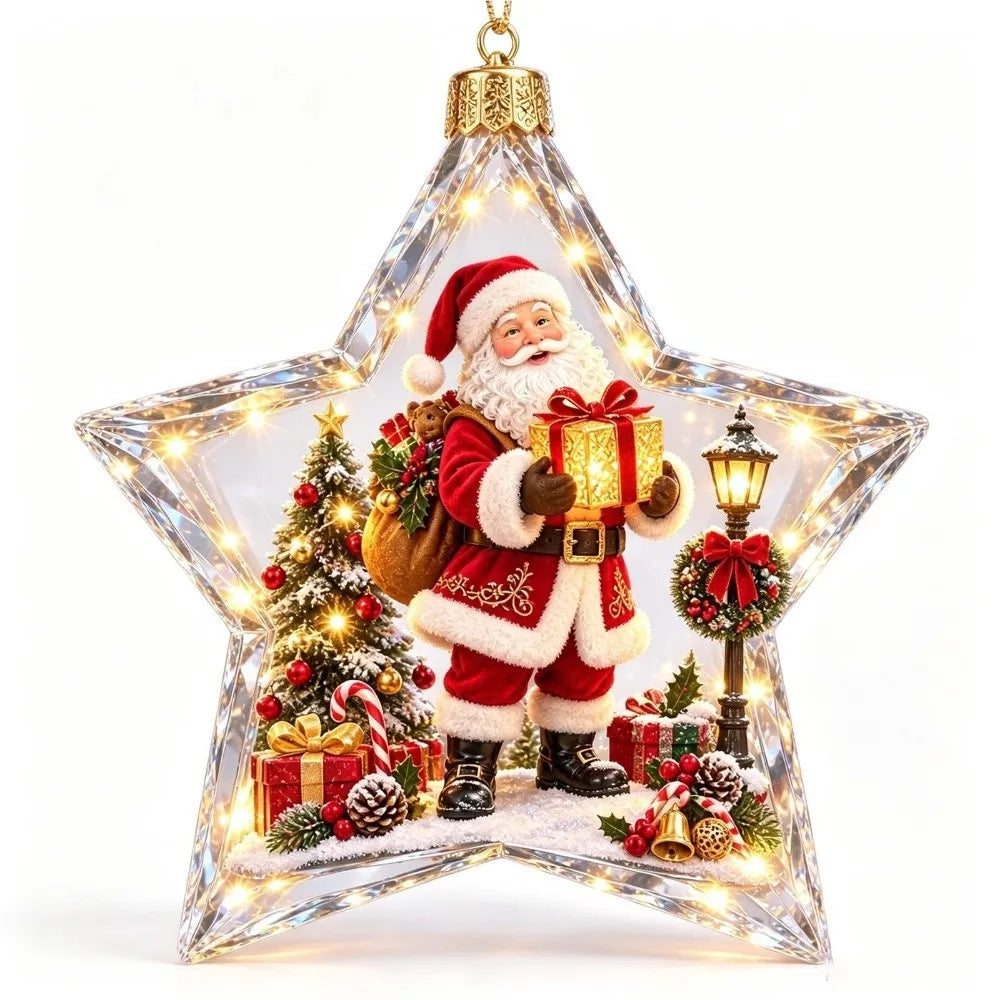 Vintage Winter Glowing Christmas Ball Ornament Plastic Acrylic LED Warm Lights 3D Christmas Hanging Bauble Shock-Resistant