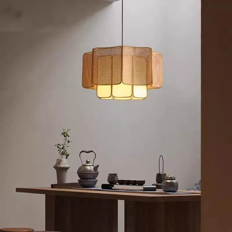 Wabi-sabi Style Rattan Pendent Lamp Vintage Zen Lighting Fixture for Dining Room Parlor Bedroom Guesthouse Bar Counter Luminaire