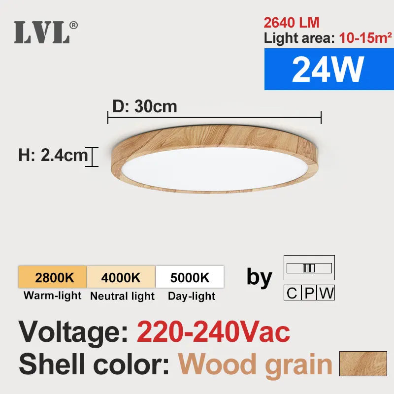 Modern LED Ceiling Light - Wood Grain & Gold 3-Color Home Lighting