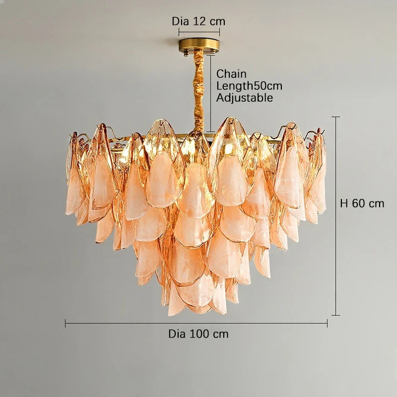 2025 New Designer Petal Shape Glass Chandelier Dimmable Stainless Steel Pendant Lamp Adjustable Ceiling Luster for Living Room