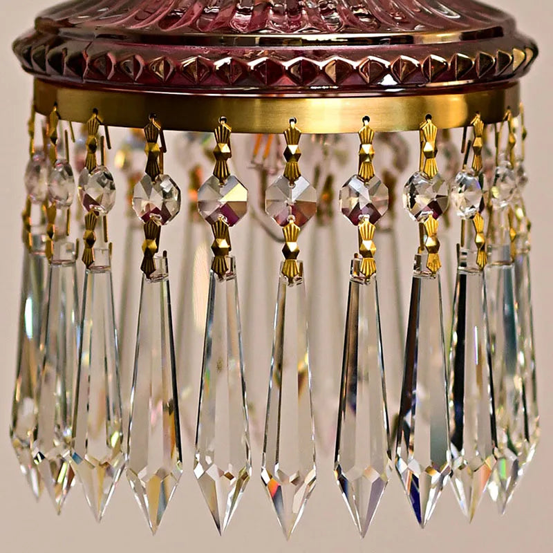 French Crystal Small Chandelier Retro Luxury Bedroom Bedside Hanging Rope Porch Aisle Corridor Balcony Copper Pendant Lighting